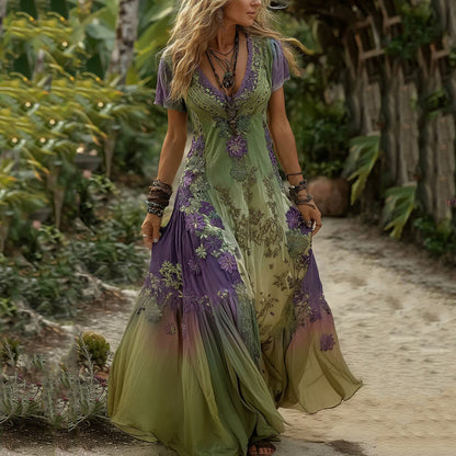 Women's Vintage Floral Embroidery Gradient Pattern V-neck Dress
