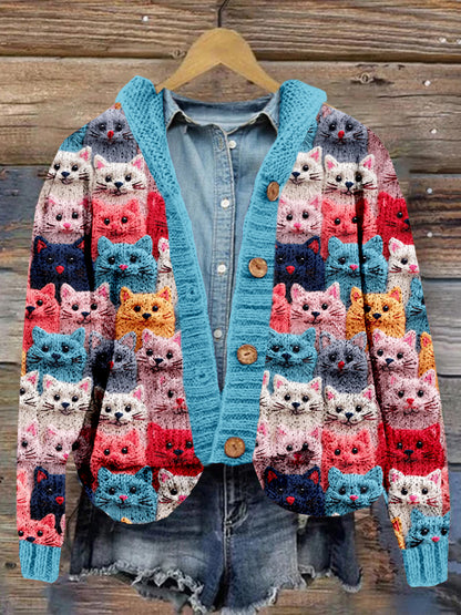 Colorful Cute Cats Embroidered Cozy Hooded Cardigan