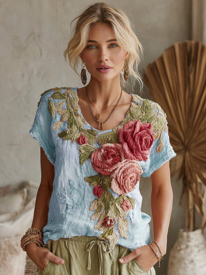 Women's Vintage Floral Art Linen Crew Neck Short Sleeve T-shirt