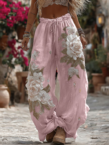Women's Vintage Romantic White Rose Embroidery Art Comfy Linen Pants