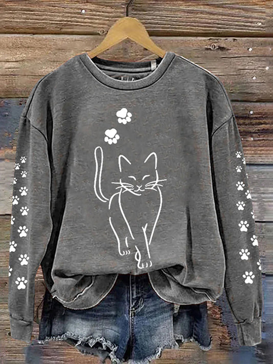Cute Cat Print Crew Neck Sweatshirt