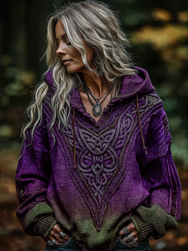 Women's Viking Celtic Knot Art Knitted Warm Hooded Sweater