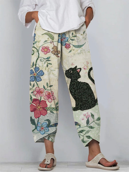 Cat in Nature Fiber Art Cropped Casual Pants