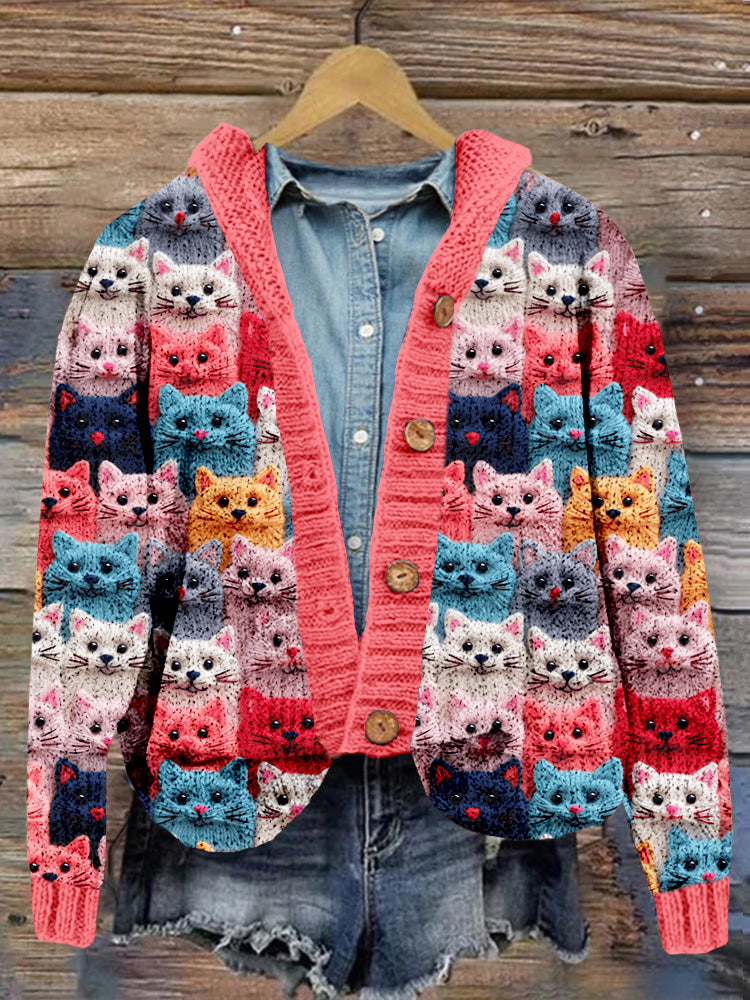 Colorful Cute Cats Embroidered Cozy Hooded Cardigan