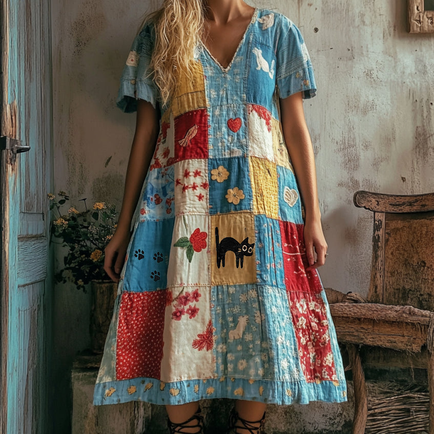 Vintage Abstract Creative Cute Cat In Floral Art Embroidered Cozy Linen Short Sleeve Dress