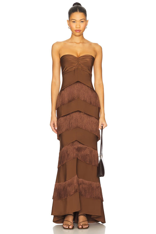 fringe maxi dress in chocolate brown