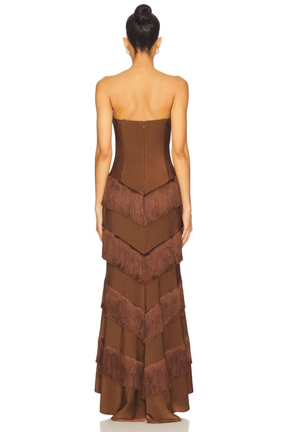 fringe maxi dress in chocolate brown