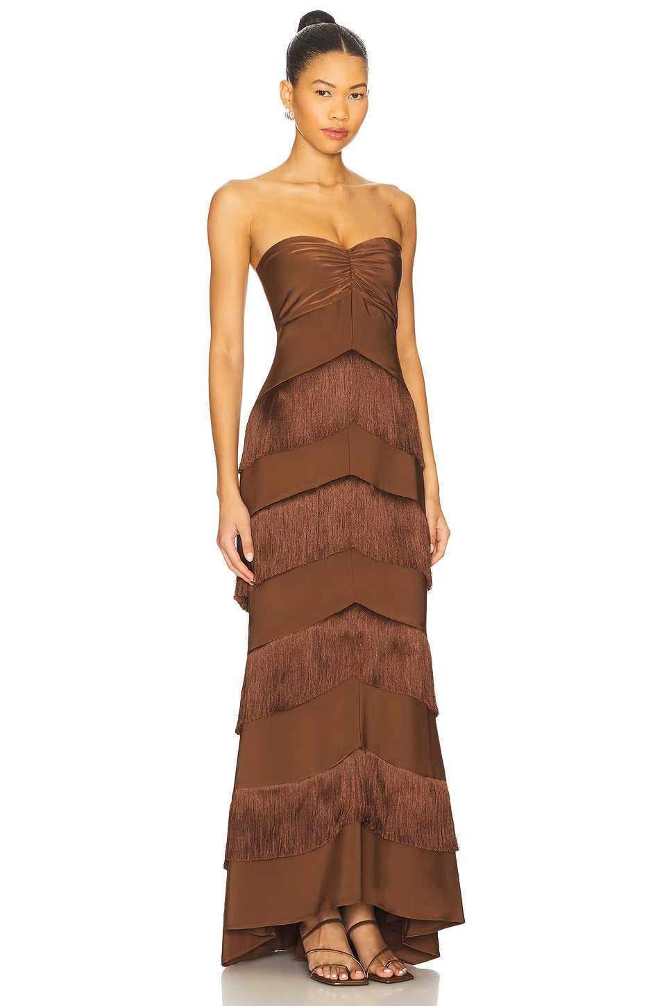 fringe maxi dress in chocolate brown