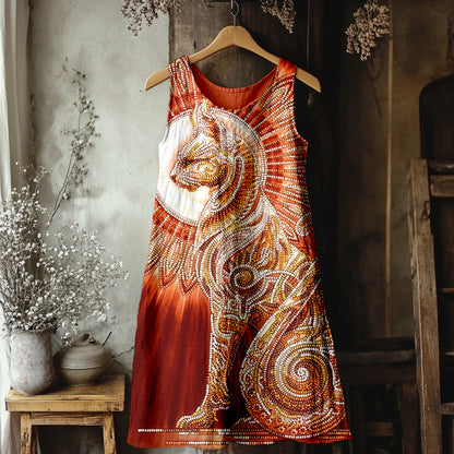 Egyptian Cat Goddess Bast Bead Embroidered Linen Midi Dress