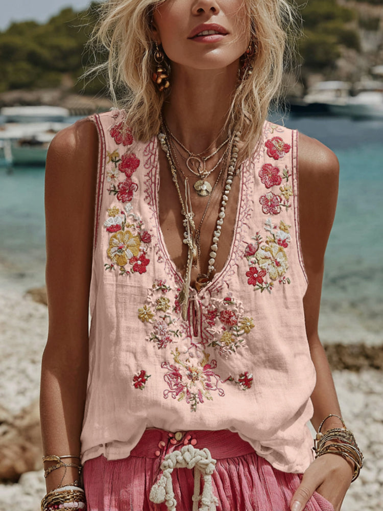 Women's Vintage Floral Embroidery Casual Sleeveless Top