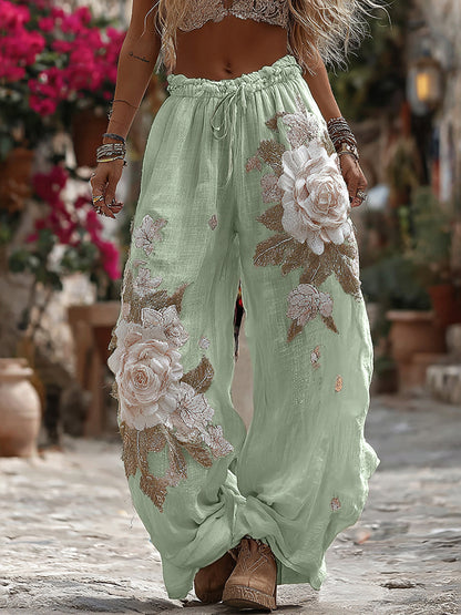 Women's Vintage Romantic White Rose Embroidery Art Comfy Linen Pants