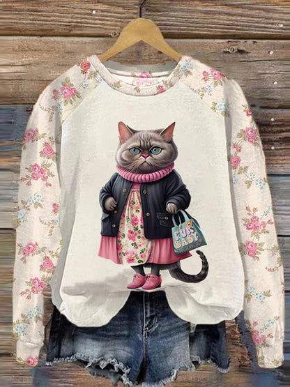 Cat Print Casual Long Sleeve Sweatshirt