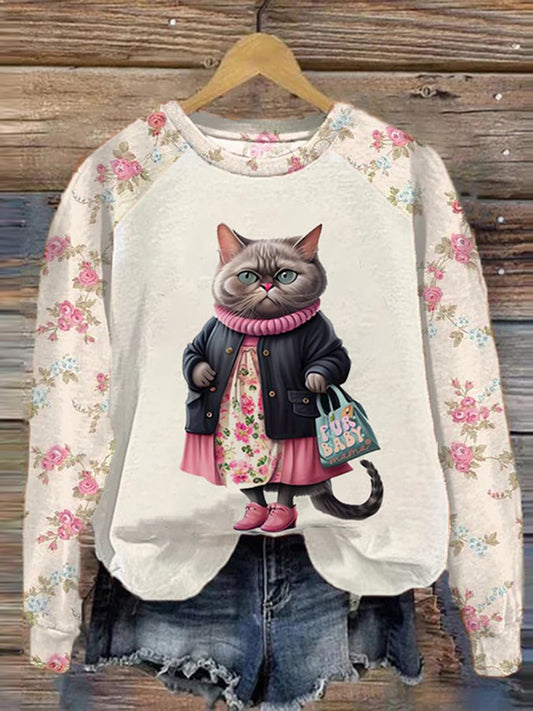 Cat Print Casual Long Sleeve Sweatshirt