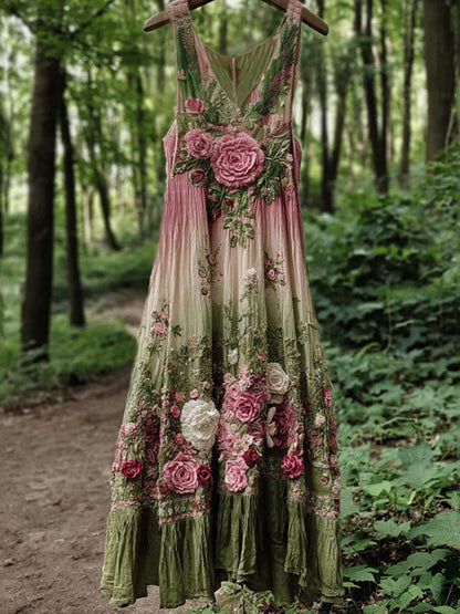 Vintage Classy Boho Gradient Pink Roses Embroidered Linen Maxi Dress