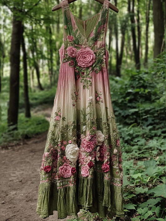 Vintage Classy Boho Gradient Pink Roses Embroidered Linen Maxi Dress
