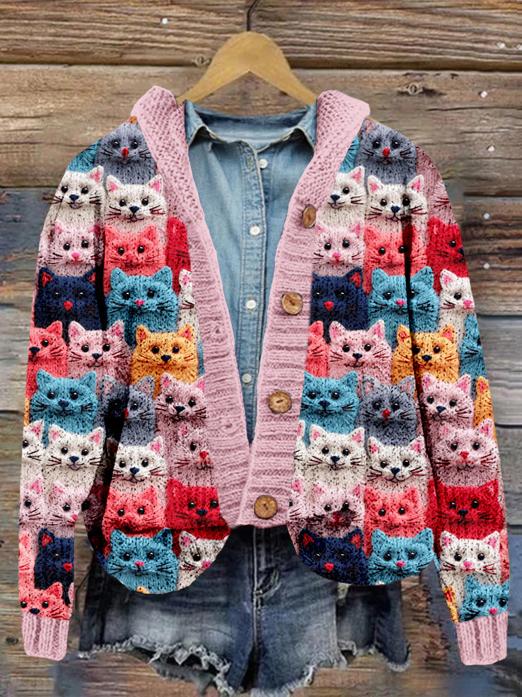 Colorful Cute Cats Embroidered Cozy Hooded Cardigan