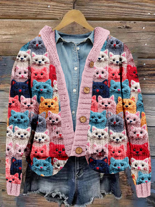 Colorful Cute Cats Embroidered Cozy Hooded Cardigan