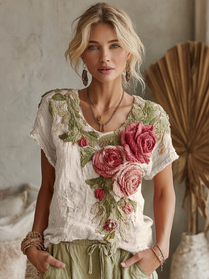 Women's Vintage Floral Art Linen Crew Neck Short Sleeve T-shirt