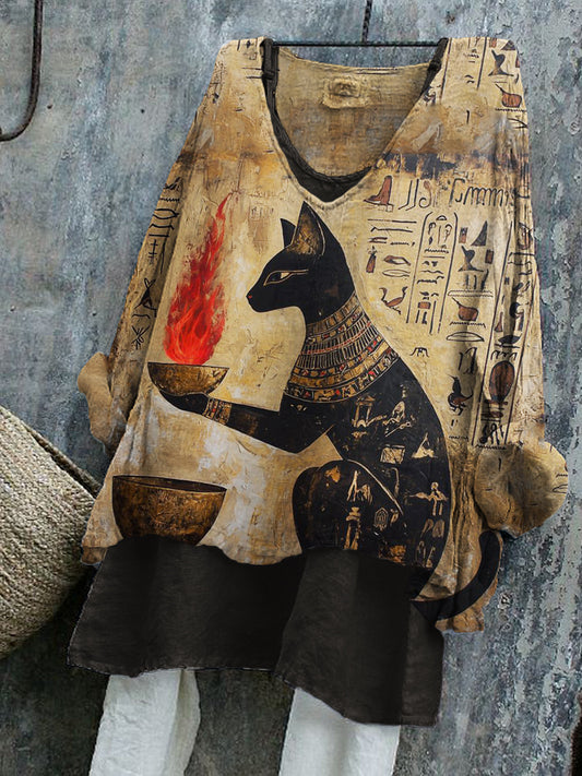 Ancient Egyptian Black Cat & Flame Art Flowy Linen Tunic