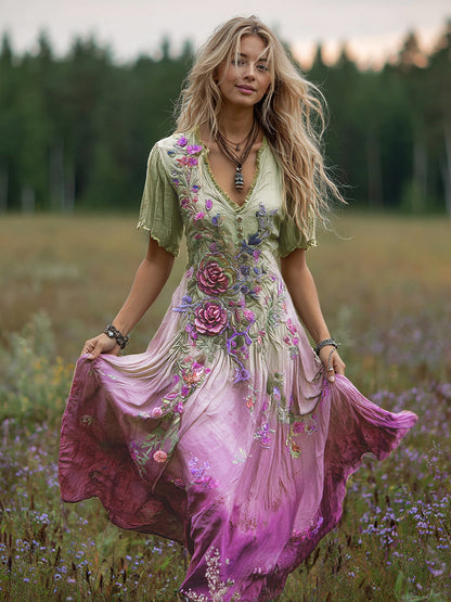 Women's Bohemian Floral Art Gradient Linen Maxi Dress