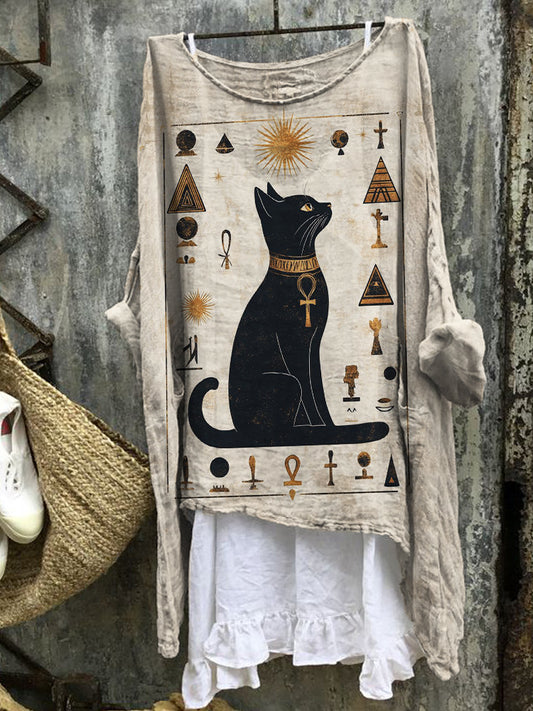Black Cat Ancient Egyptian Art Flowy Linen Tunic