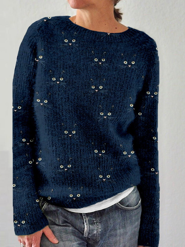 Cute Cat Face Pattern Crew Neck Cozy Sweater