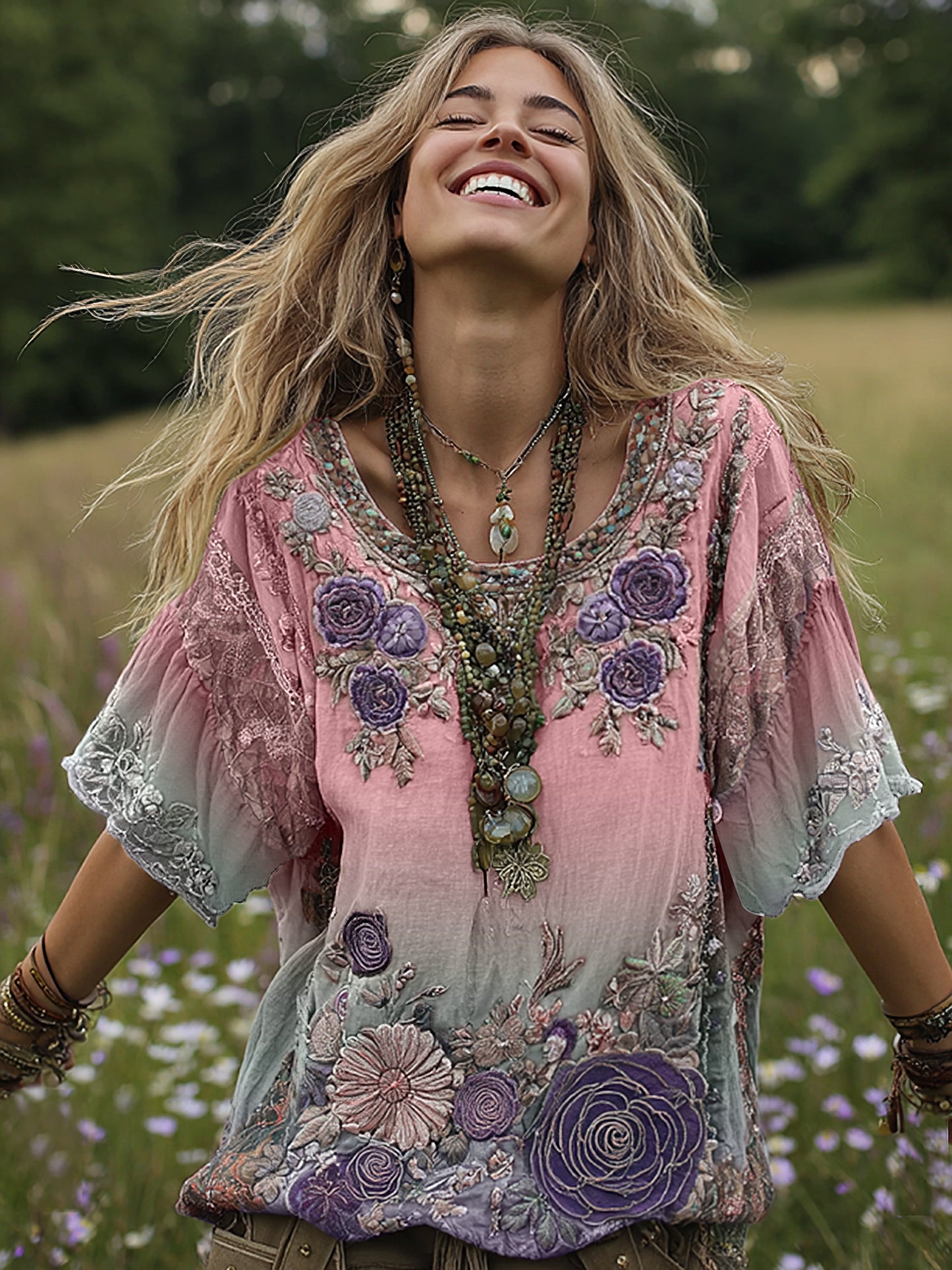 Classy Gradient Purple Lavender And Floral Embroidered Linen Short Sleeve T-shirt