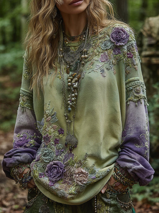 Vintage Purple Lavender And Floral Embroidered Casual Sweatshirt