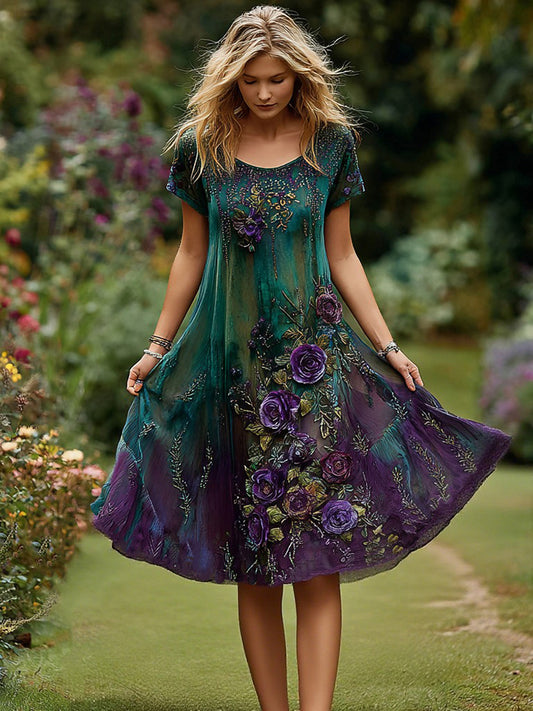 Women's Retro Floral Embroidery Gradient Pattern Round Neck Short Dress