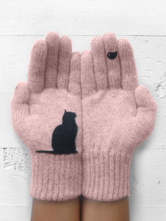 Warm Cat Bird Print Wool Knitted Gloves