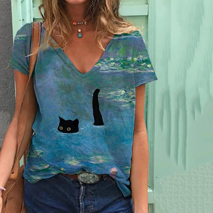 Waterlily And Black Cat Print Casual T-Shirt